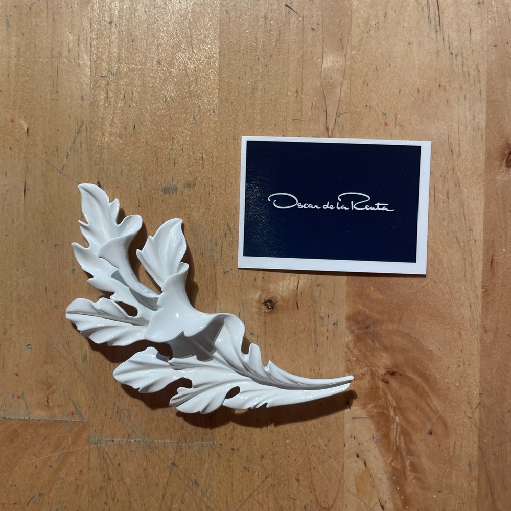 White Enamel/ Porcelain Metal Oscar de la Renta Leaf Brooch